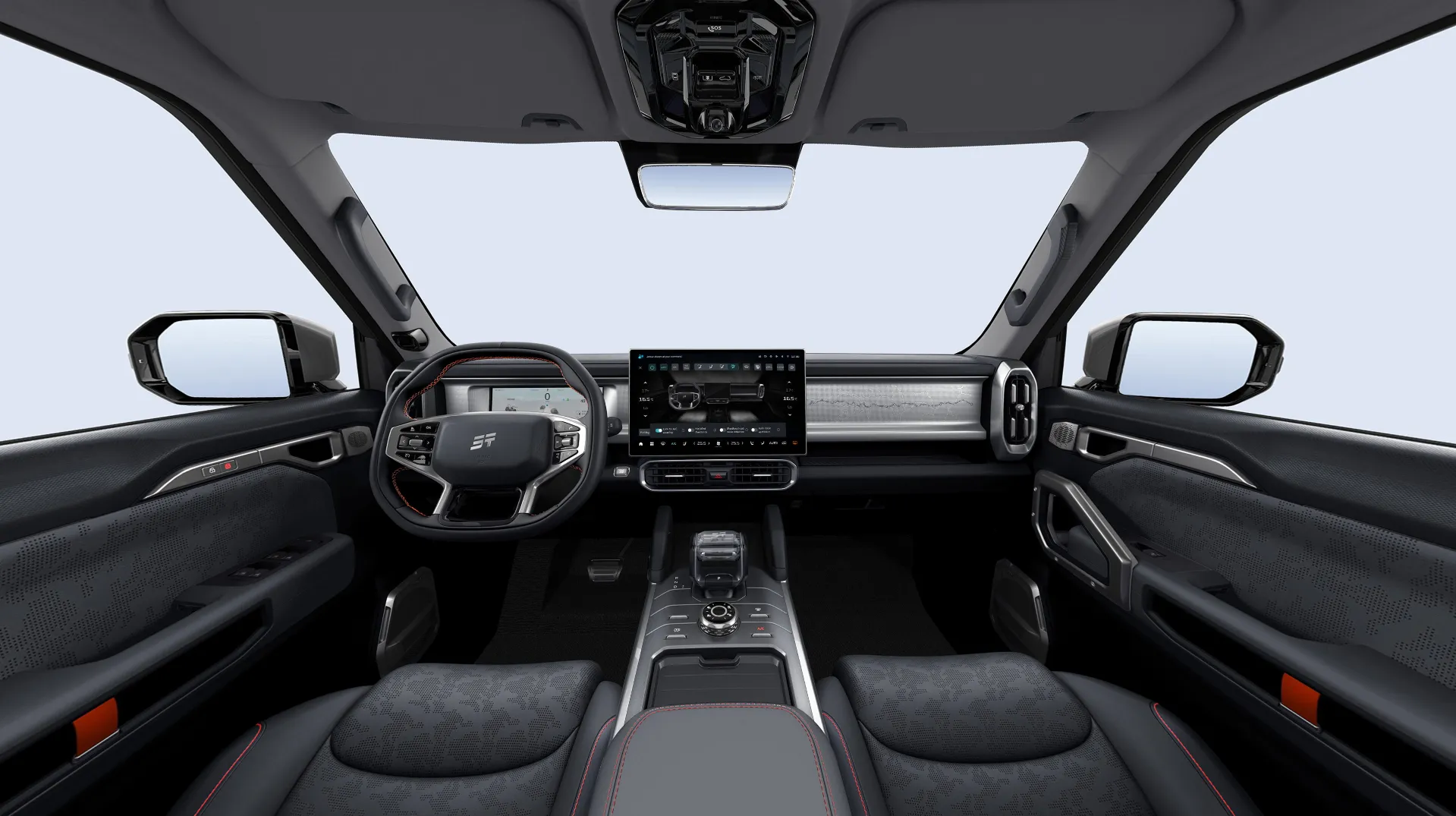 Interior del Jetour T2 iDM, tablero con pantalla central y butacas en cuero.